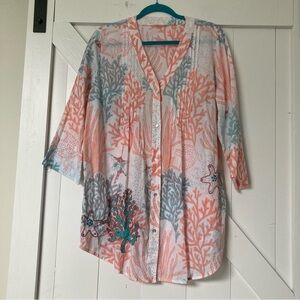 Soft Surroundings embroidered ocean coral button down blouse * tiny flaw size L